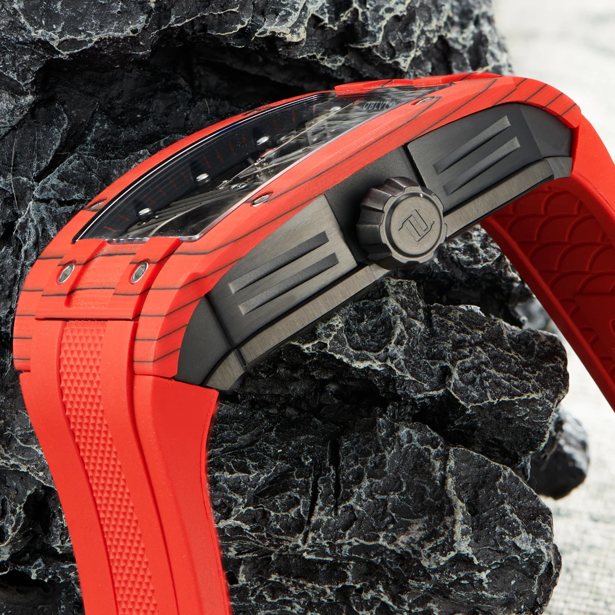 OBLVLO ساعة أوتوماتيكية للرجال 42 مللي متر * 50 مللي متر Tonneau ساعة يد ميكانيكية مضيئة الهيكل العظمي الهاتفي الياقوت مرآة