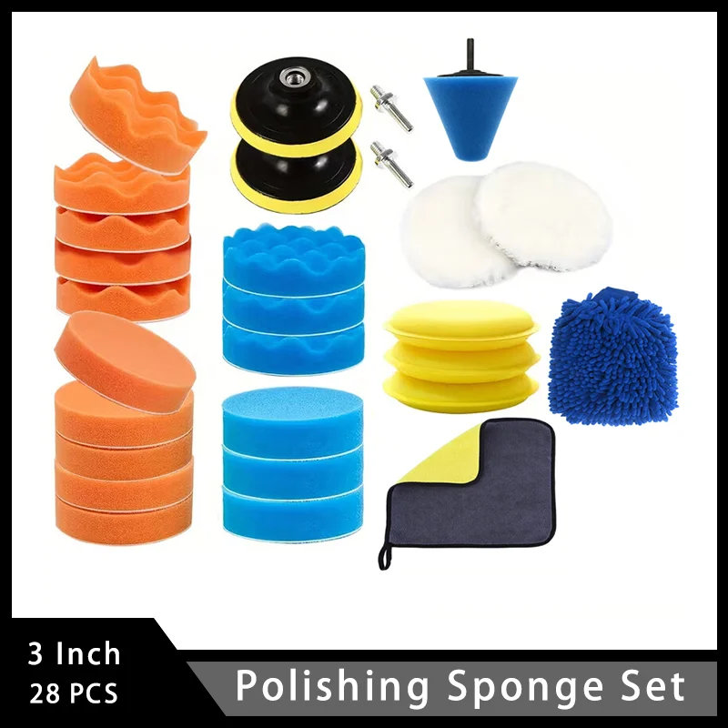 

3 Inch Hook and Loop Polishing Sponge Set 28 Pcs with Sanding Plate Wool Polishing Pad for Cleaning and Polishing Car Body Metal