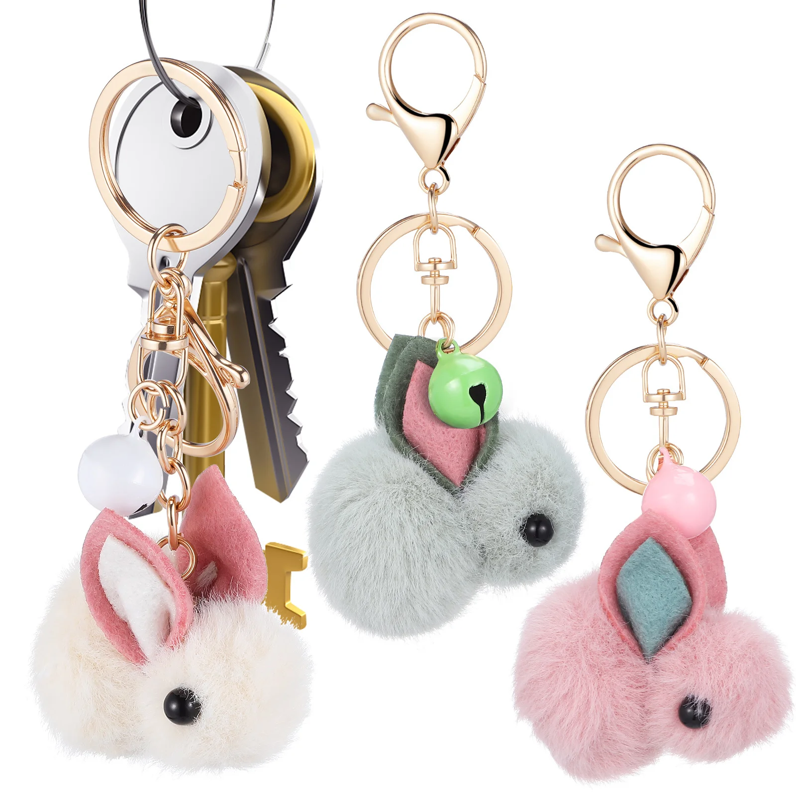 

3Pcs Rabbit Keychain Cartoon Alloy Pendant Bag Hanging Ornament Key Decor New Year Gift Portable Key Decor Rabbit Pendant