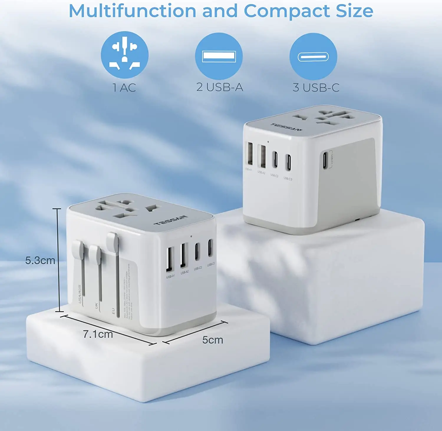 TESSAN Universal Travel Adapter International Power Adapter All-in-one with USB and Type C Wall Charger for USA UK EU AUS Travel