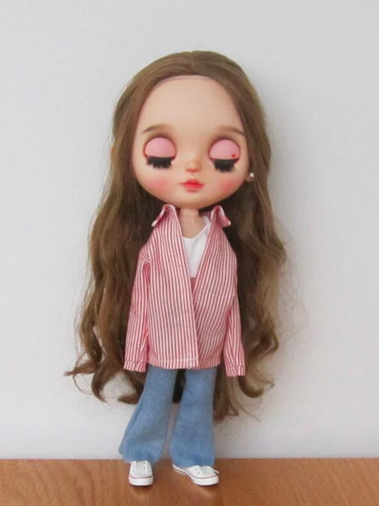 D05-P218 children toy 1/6 blyth ob24 ob27 azone19 joint BJD doll clothes Striped shirt flared jeans