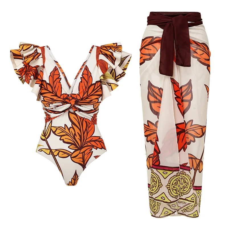 Retro Bikini Printed Set for Women, Tight Swimsuit, Cover Up with Shawl, Elegant Bandage, Luxury and Elegant, Summer Beach