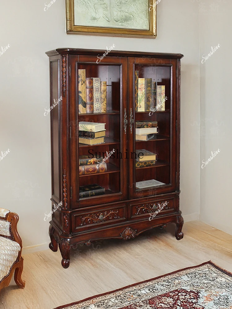 American retro style solid wood double door display cabinet living room glass door dust-proof finished product large capacity  F