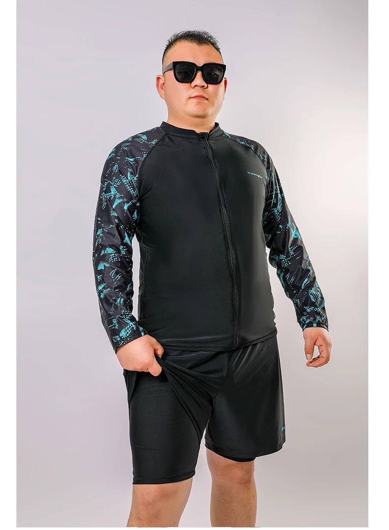 Large Size Men Swimwear 2 Piece Long Sleeve Swimsuit With Fake-two Shorts Good Elastic Summer Beachwear Swimming Suit