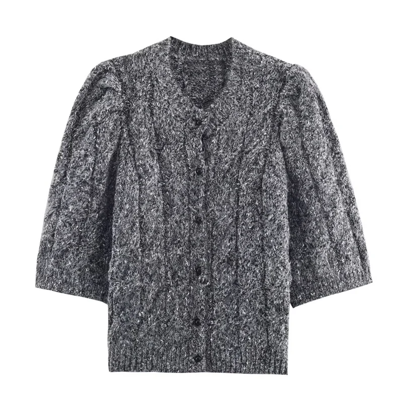 

Autumn O-neck Puff Short Sleeve Single Breasted Knitted Tops Women Buttons Decoration Slim Jacket Tops Female Casual Wear 2025