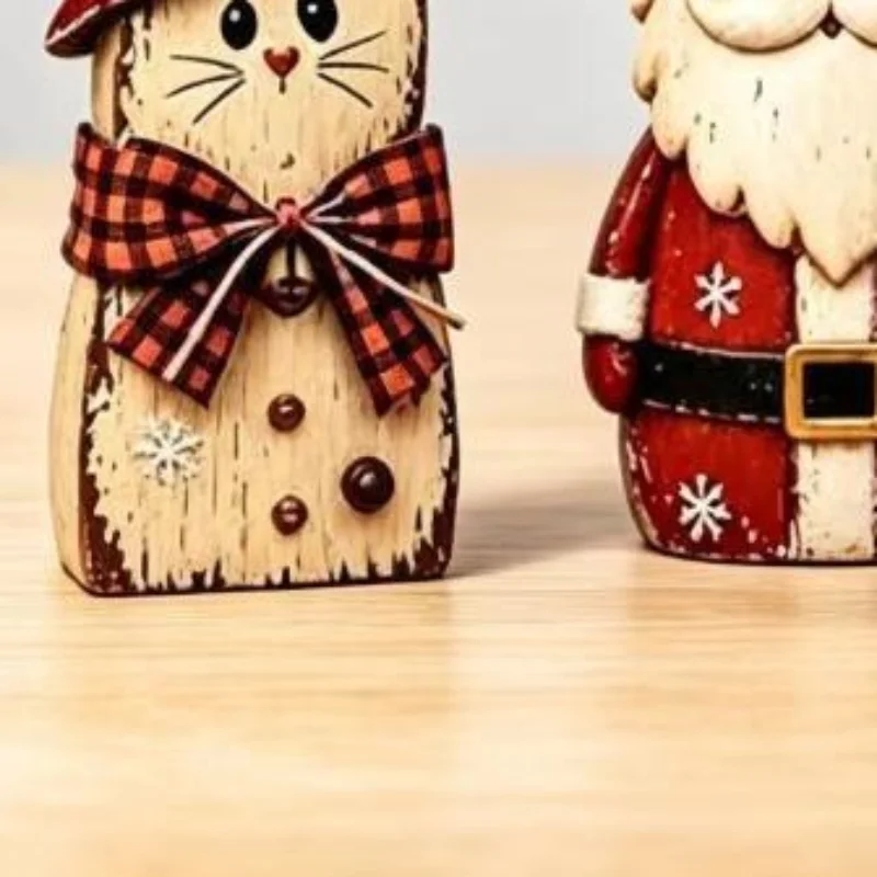 1/3Pcs Christmas Handcarved Wooden Figurines Santa Reindeer Cat Tabletop Statue Set for Xmas Shelf Desktop Decor
