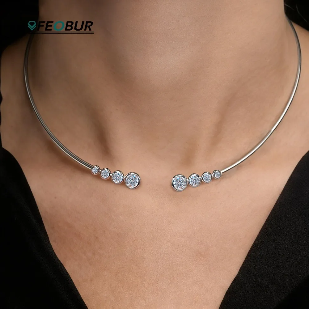 

3.8cttw Moissanite Open Collar Necklace for Women 925 Sterling Silver Bezel Set Diamond Cuff Collar Choker Bangles Jewelry Gift