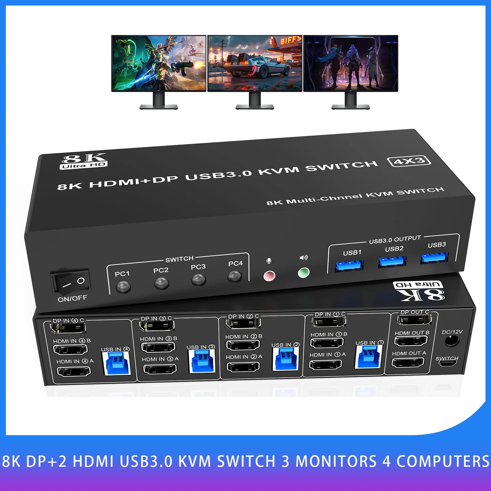 8K Displayport +2 HDMI USB 3.0 KVM Switch 3 Monitors 4 Computers, 2 HDMI 2.1 + DP 1.4 Triple Monitor KVM Switch with Audio MIC