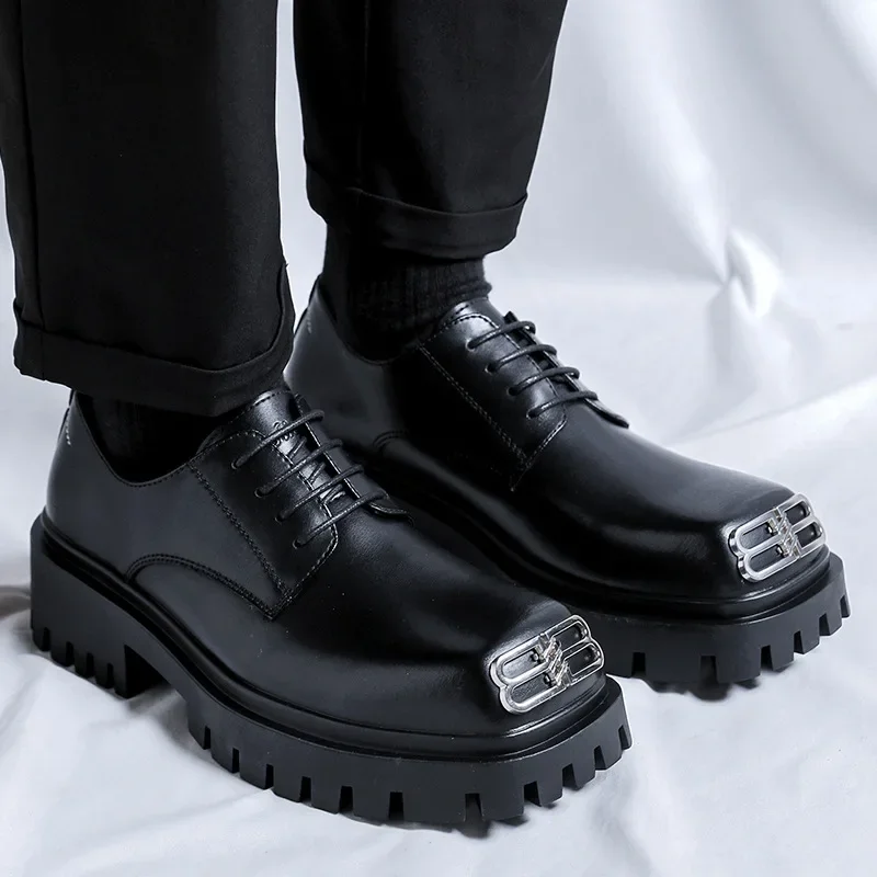 أحذية جلدية كاجوال للرجال برأس كبير عصري على الطراز الكوري أحذية ديربي سميكة القاع للركاب أحذية للكبار نعل مطاطي #4