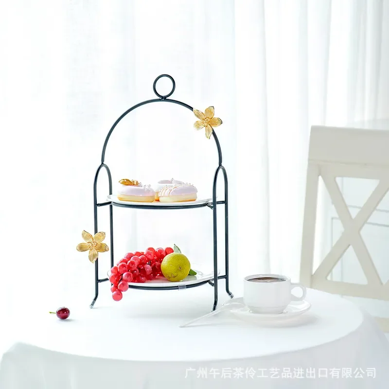 Ceramic Cake Stand with Wrought Iron Frame for Afternoon Tea Snacks Fruit Display Rack Hotel Reception Office Coffee Table