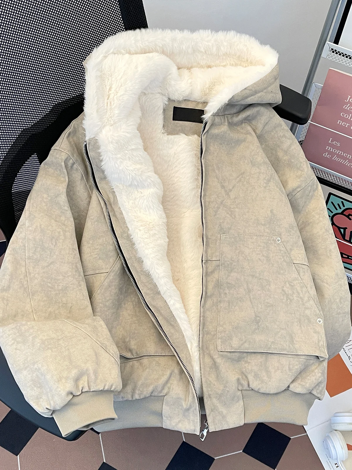 

Winter Thiened Fce Lined Hooded Cotton Jaet Men's Vintage American High Street Youth Sports Warm Trendy Cotton Coat
