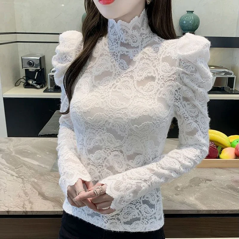 See Through Ladies Lace Tops 2024 Elegant Korean Fashion Clothing Streetwear Blusas Mujer Casual Basic White Balck Blouses y2k