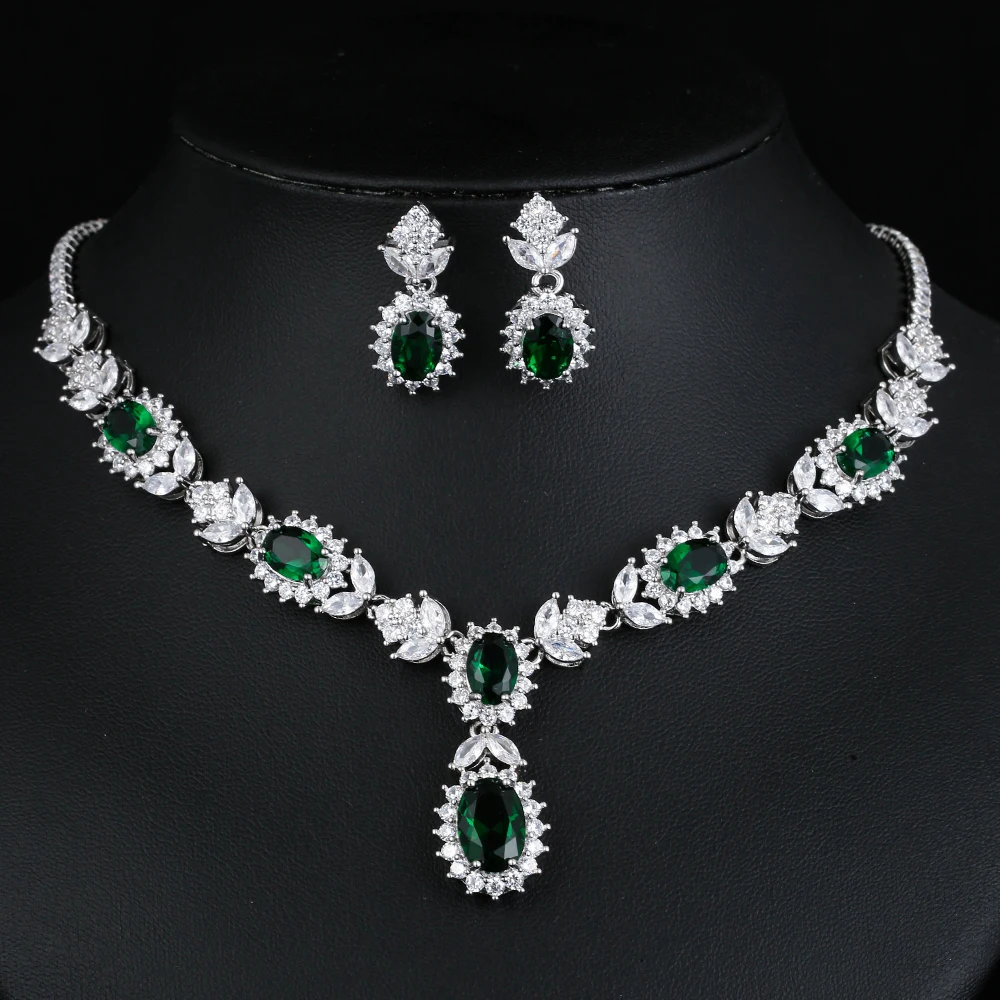 Luxury Green CZ Stone Women Wedding Jewelry Sets With Zirconia Necklace and Earrings Jewelry Set for Brides