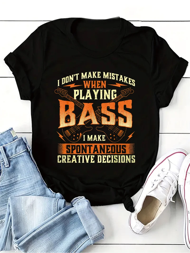 Bassist Bass Guitar Print T-Shirt Girl Casual Music Festival Tops Tee Lady Clothes Summer O-neck Short Sleeve T shirt