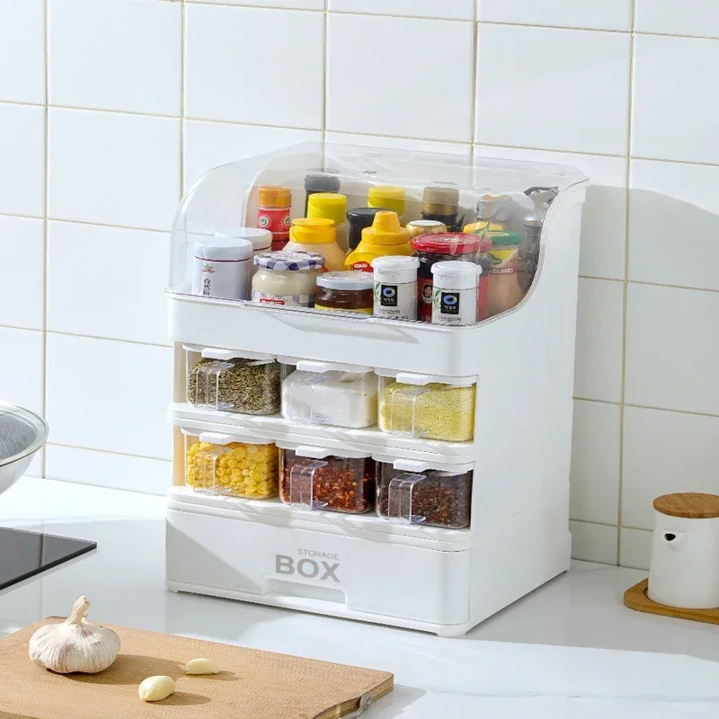 

Kitchen Seasoning Storage Rack Sauce Vinegar Bottle Sugar Salt Jar Shelf with Lid Drawer Type Dustproof Storage Box