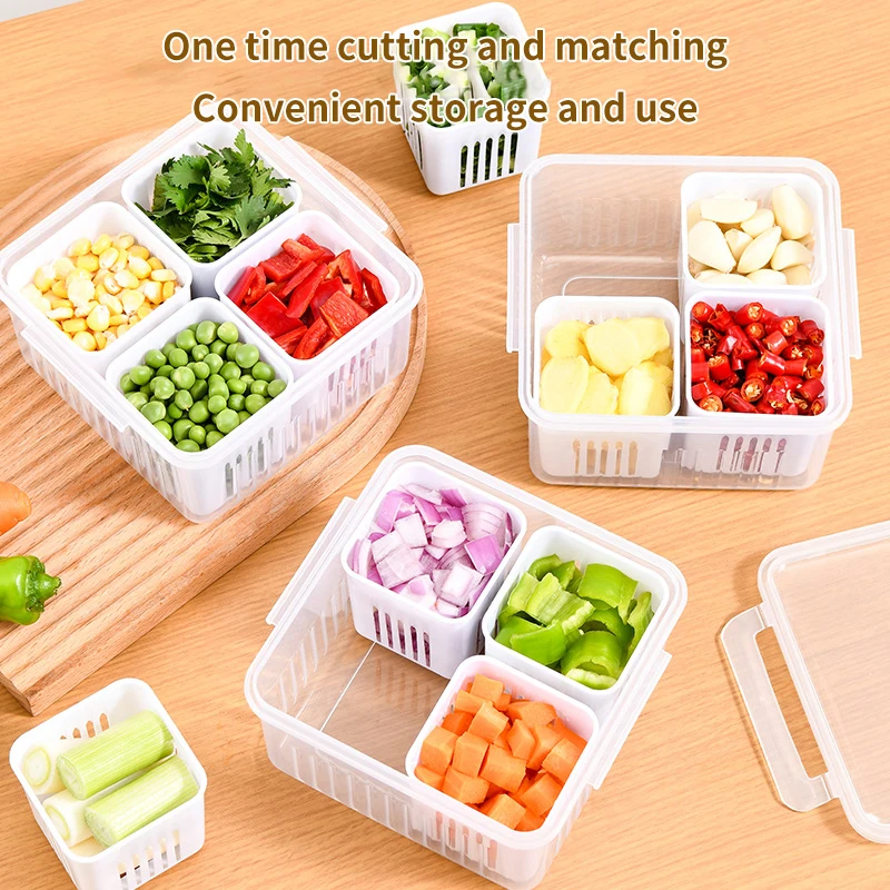 Refrigerator Storage Box 4 Grid Food Vegetable Fruit Meat Onion Division Retain Freshness Storage Box Fridge Organizer