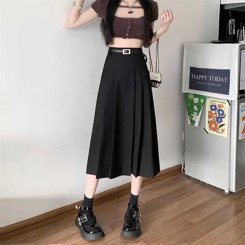 Skirts Women Folds Belt Special Students Age-reducing Basics Korean Style Vintage Prevalent All-match Autumn Ladies Creativity