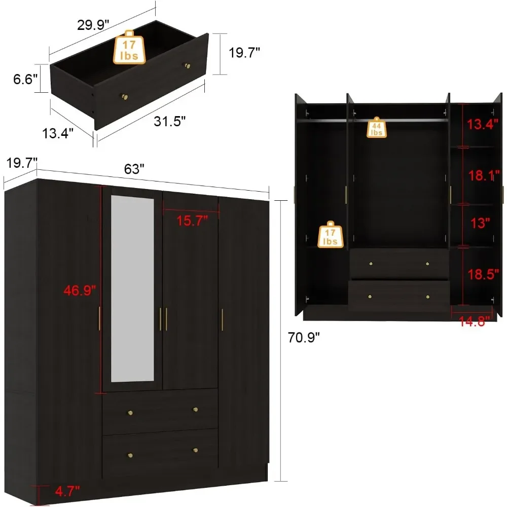 Wardrobe Armoire with Mirror, 5-Tier Shelves, 2 Drawers, 2 Hanging Rods and 4 Doors, Wooden Wardrobe and Armoire for Bedroom