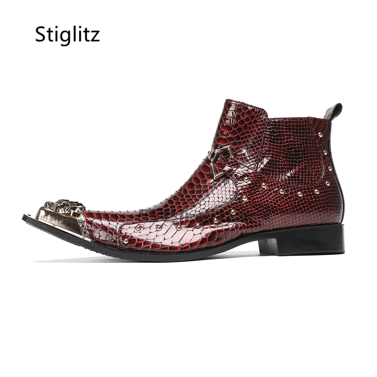 

Burgundy Metal Buckle Rivets Chelsea Boots for Men Snake Pattern Pointed Toe Patent Leather Wedding Shoes Bridegroom Ankle Boots
