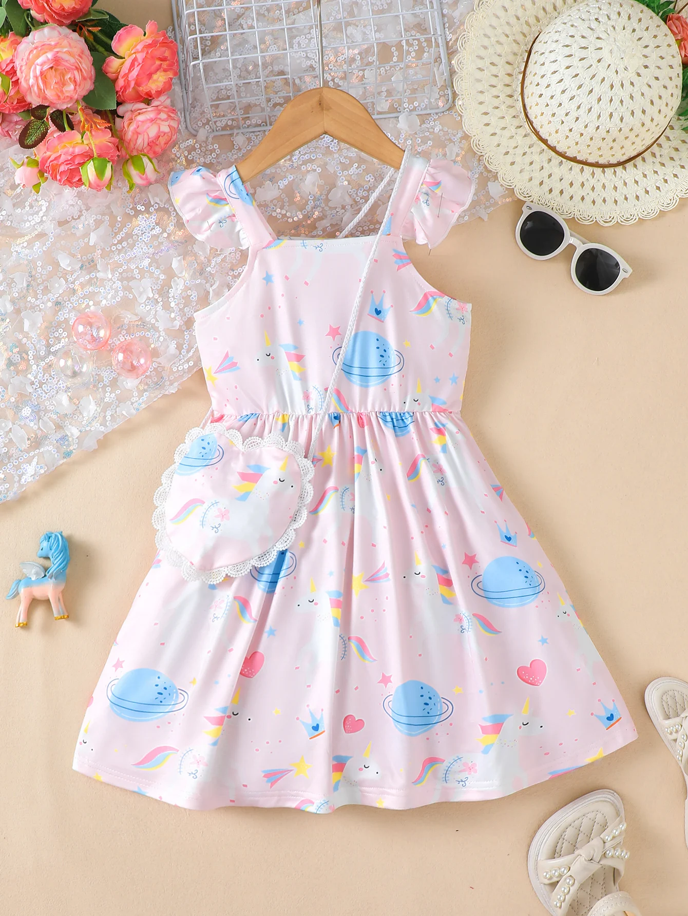 Kids Girls Cartoon Unicorn Planet Heart Print Dress Ruffle Princess Sundress + Bag for 4-7Y Summer Children Clothes 2PCS Outfit