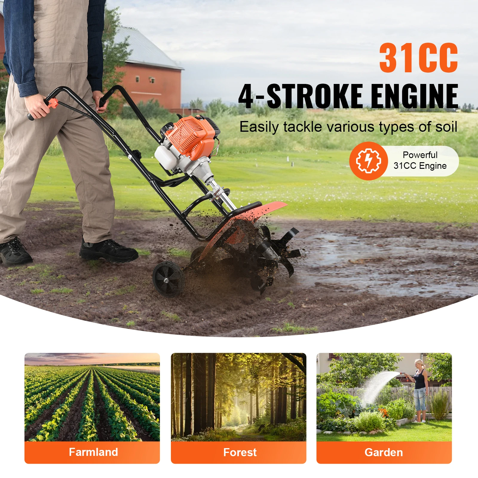 Tiller Cultivator 31CC 4-Stroke Garden Cultivator 4 Steel Adjustable Front Tines