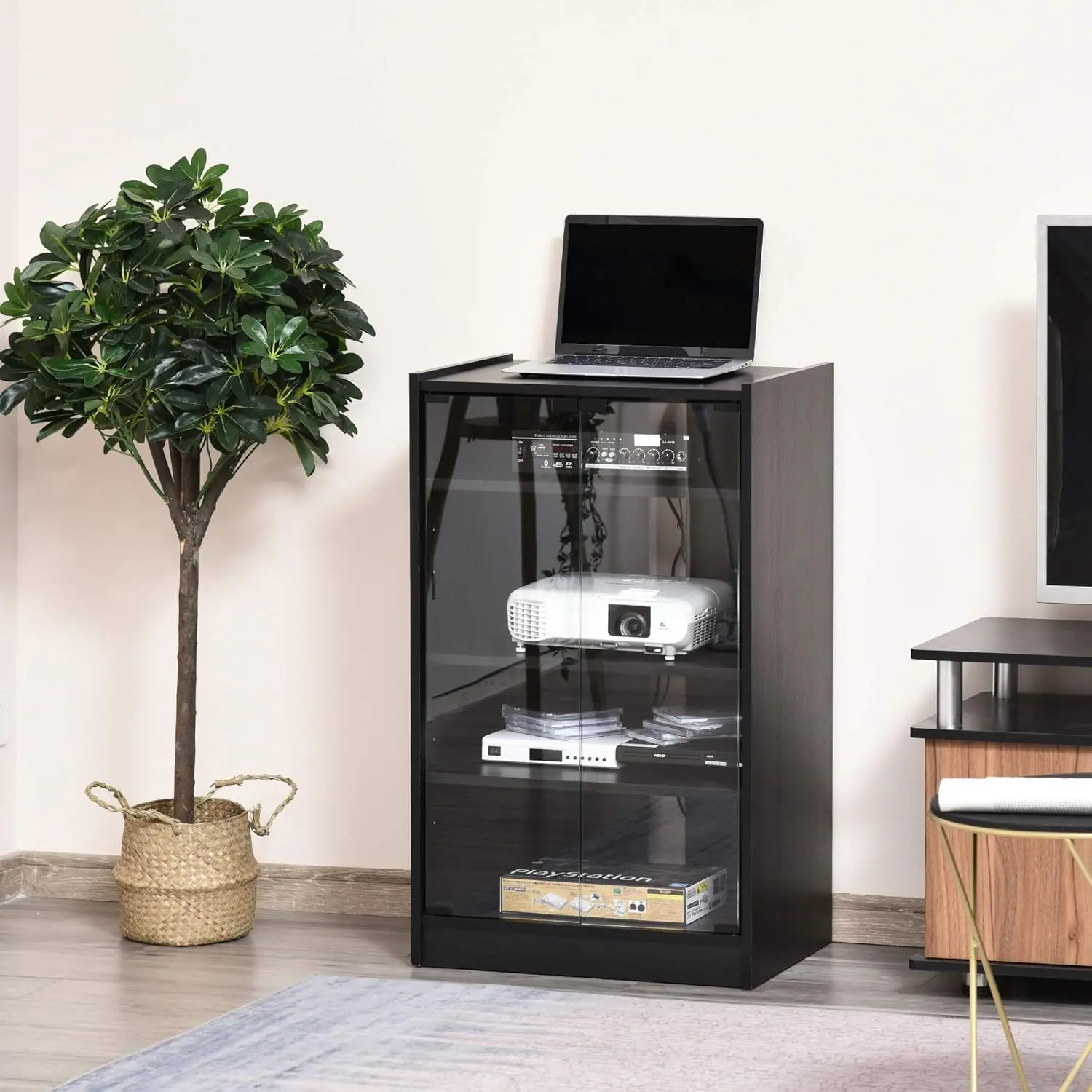 5-Tier Media Stand Cabinet with 3-Level Adjustable Shelves, Tempered Glass Doors, and Cable Management