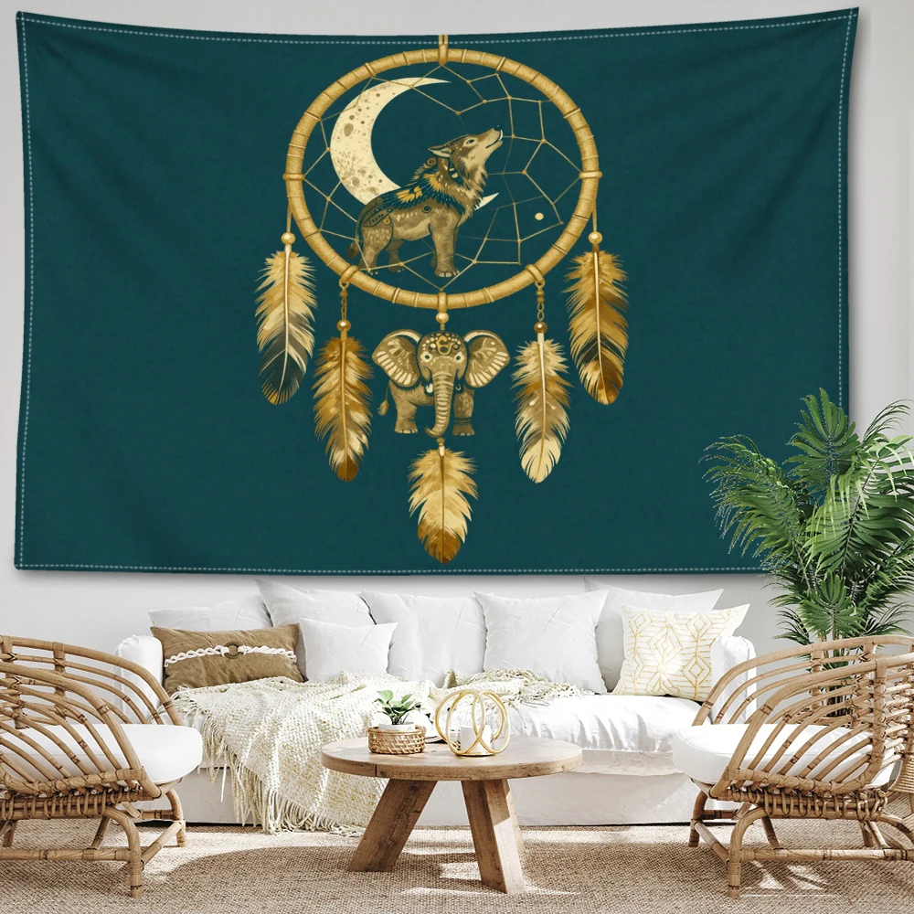Navy Blue Wolf Moon Elephant Feather Dream Catcher Wall Tapestry, Boho Decor