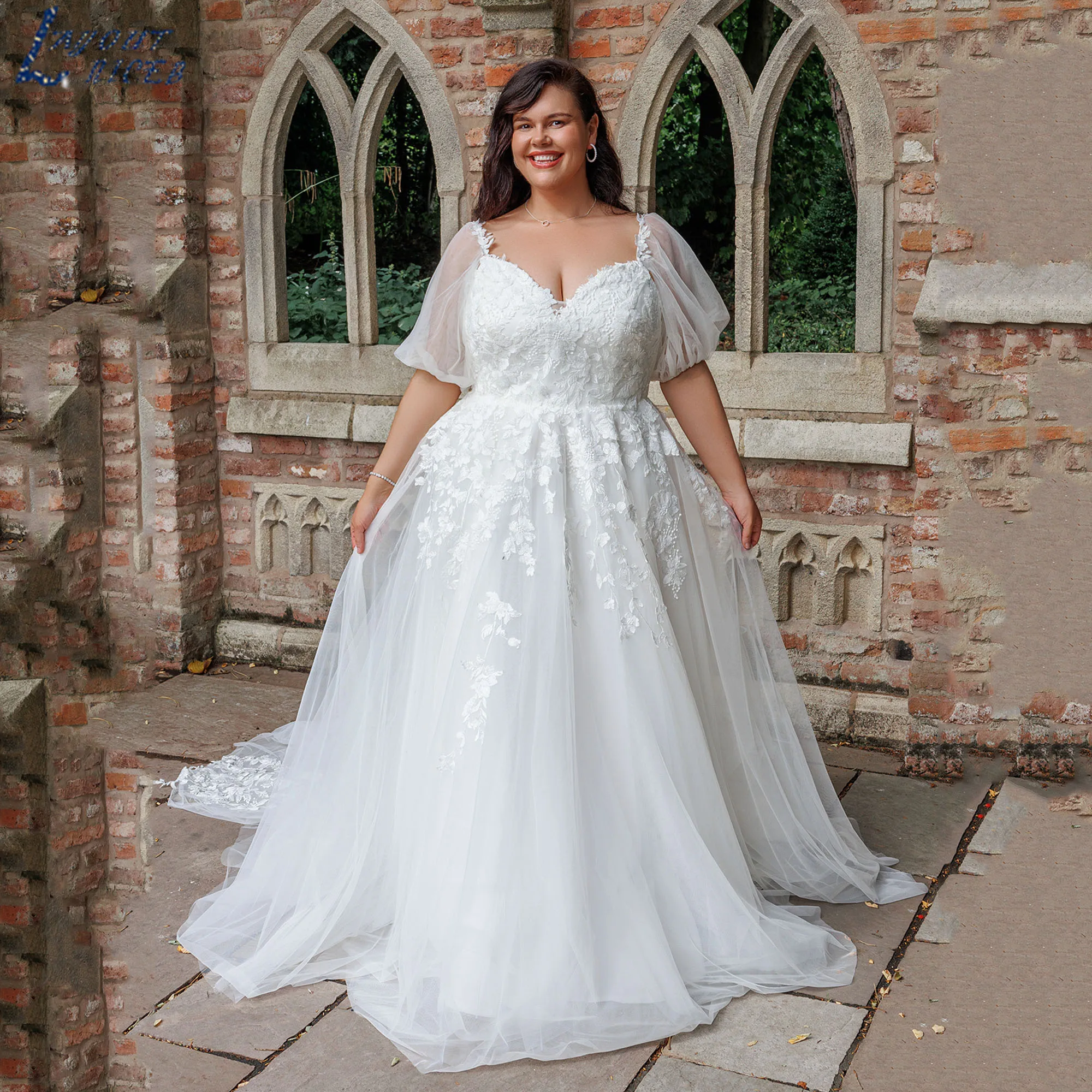 

LAYOUT NICEB Oversize Luxury Wedding Dress V-Neck A-Line Backless Romantic Bride Gown Lace Appliques vestido de novia Customized