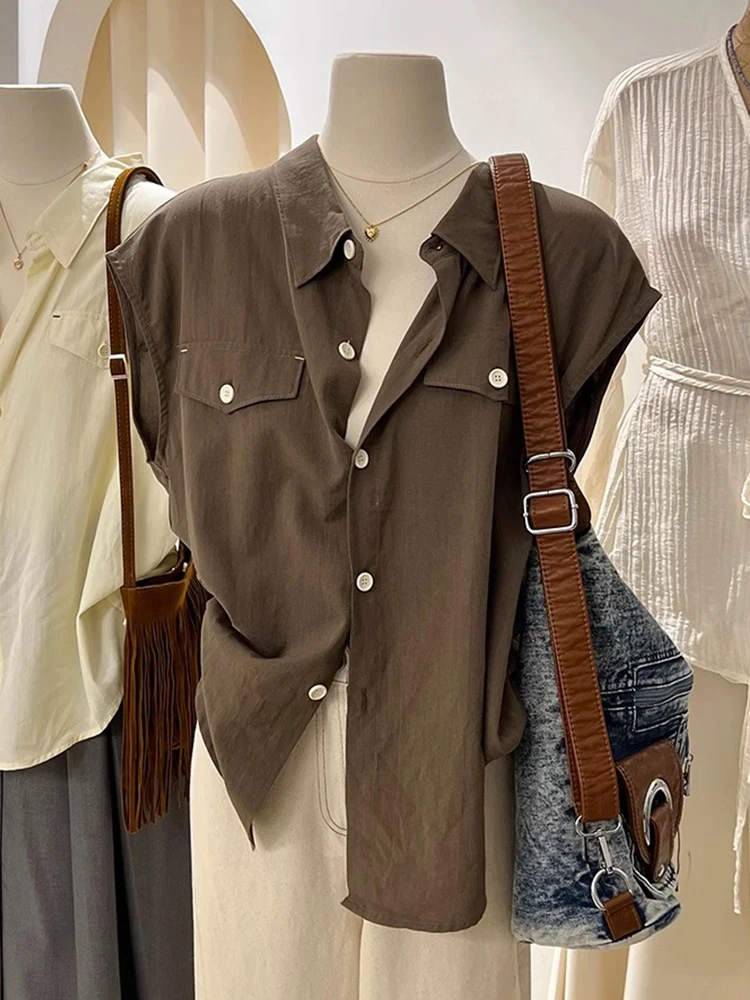 

Casual Loose Chiffon irt Stand Collar Single Button Faion Top Korean Sle Commute Wind Summer Collection Women's irt