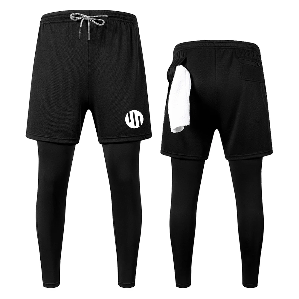 Men's Double Layer Gym Compression Leggings simple icon Print Quick Dry Breathable Workout with Towel Loop Zipper Pocket