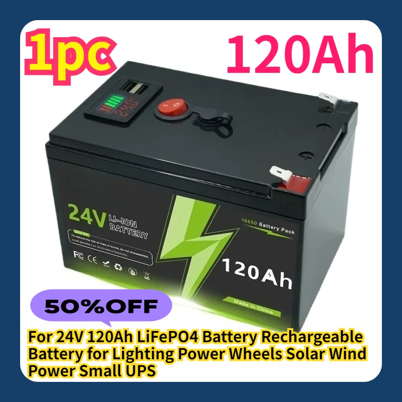 

For 24V 120Ah LiFePO4 Battery Rechargeable Battery for Lighting Power Wheels Solar Wind Power Small UPS