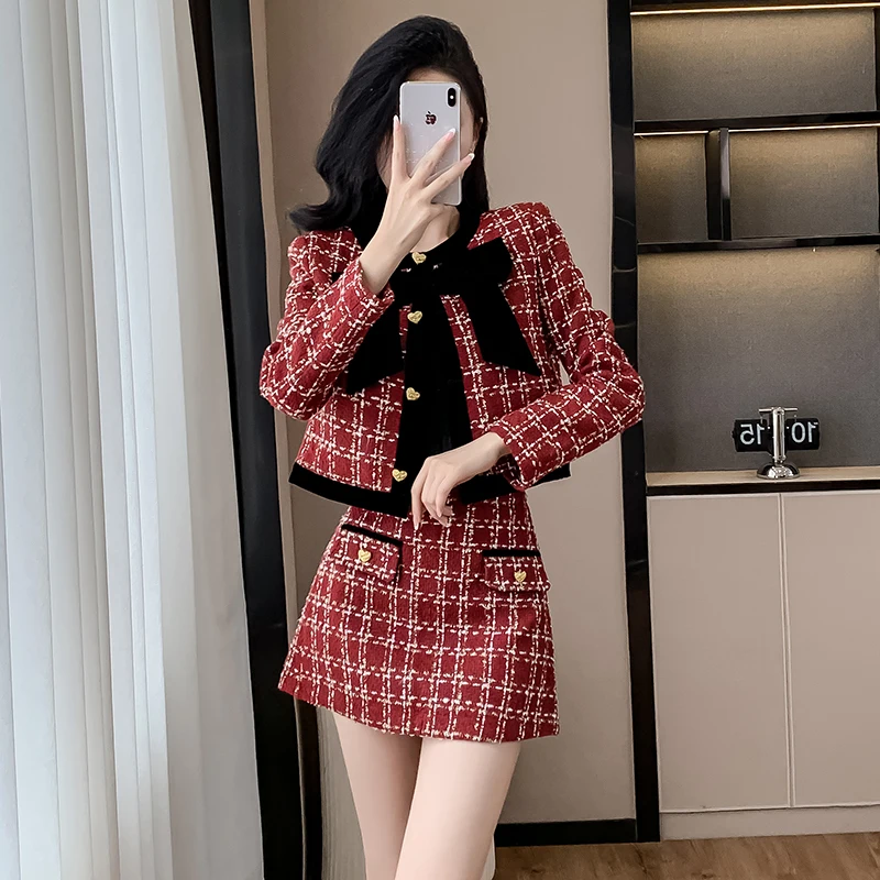 High Quality Red Plaid Tweed Jacket Coat Skirt Two piece Sets Women Autumn New Bow Crop Tops + A Line Mini Skirt Suits