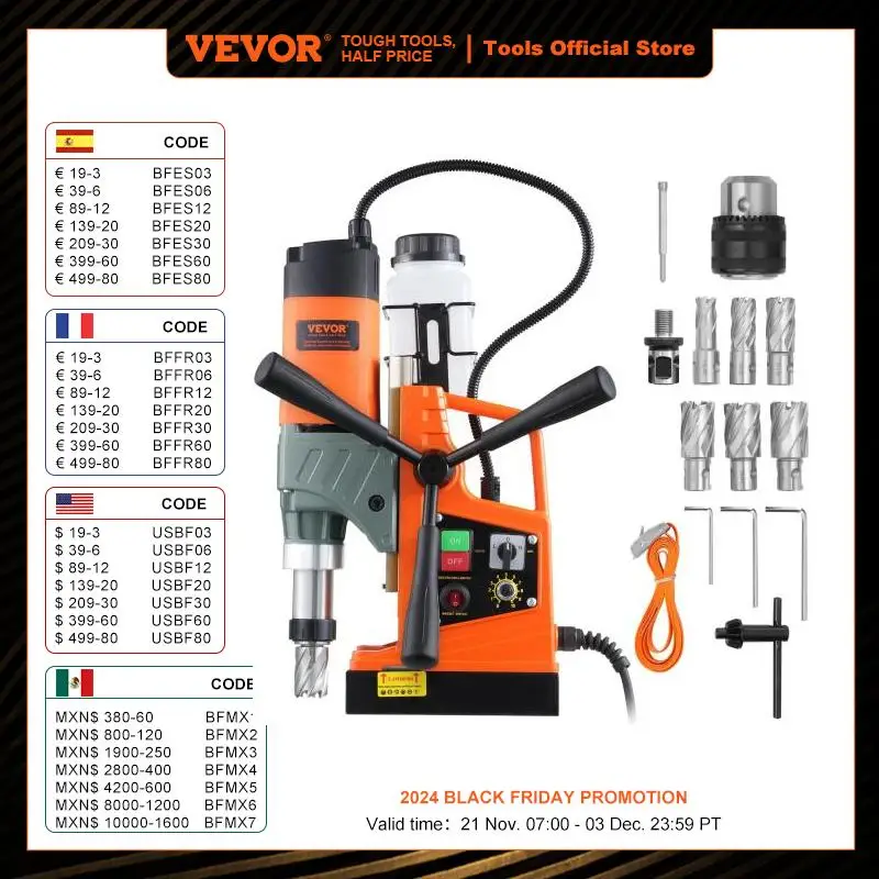 

VEVOR 1450W Magnetic Drill 2" Boring Diameter 12500/12800N Portable Electric Mag Drill Press 800 RPM Magnetic Drilling Machine