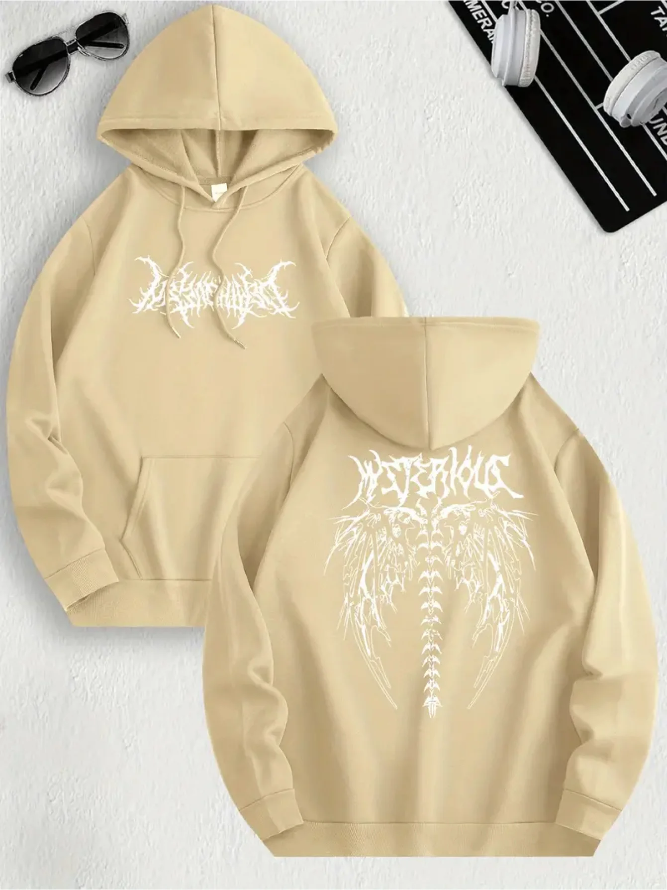 Alternative personality cool and dark men's casual outdoor sports warm hooded shirt with abstract thorn bone wing gothic print.