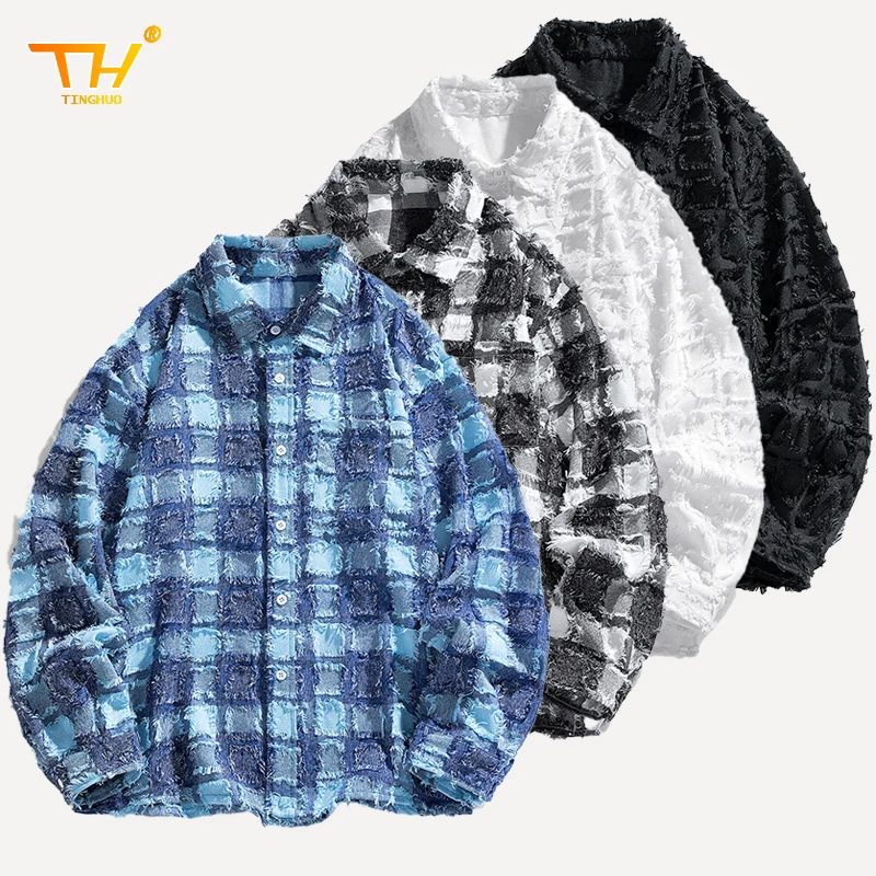 

Blue Plaid Men's Shirt Long Sleeve Fashion Japanese Harajuku Shirts Casual Street Men Clothing 2025 New