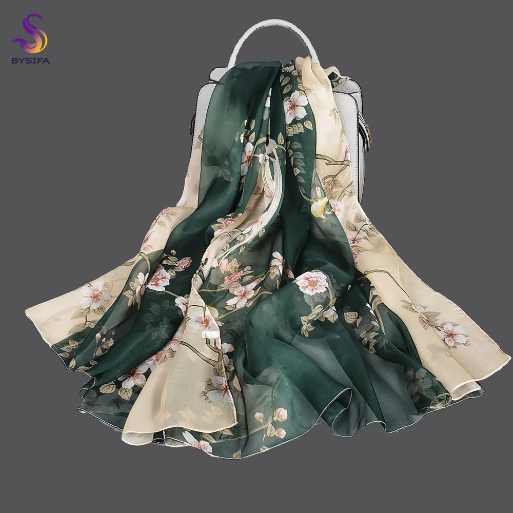 [BYSIFA] Green Beige 100% Mulberry Silk Scarf Cape Summer Floral Design Chiffon Long Scarves Beach Shawl Ladies Scarves Echarpes