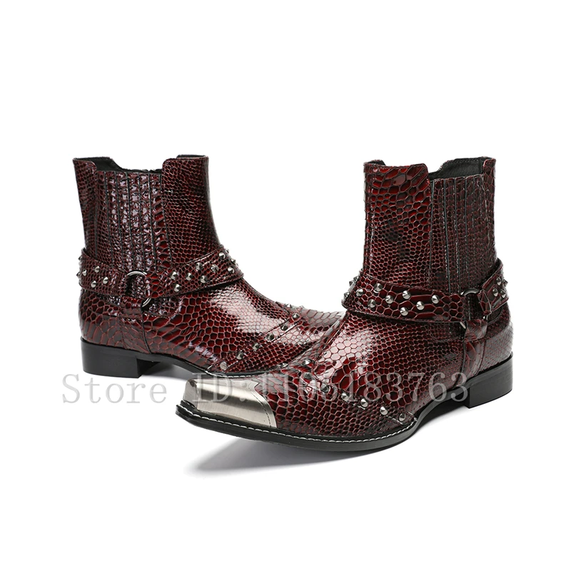 Men New Design Metal Pointed Toe Rives Chelsea Boots Busines Party Shoes Wine Red Black Genuine Leather Buckle Strap Ankle Boots