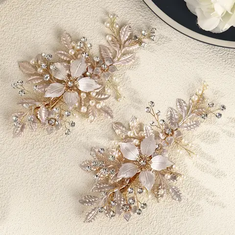 2Pcs/Set Wedding Hair Accessories Women Elegant Gold Floral Hair Clips Handmade Rhinestone Bridal Headpiece Alligator Clip Prom