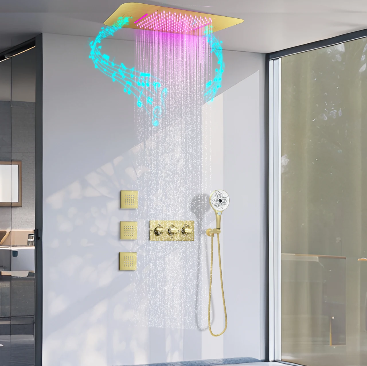 

Modern ceiling bathroom LED music rain jet kit system Hidden constant temperature shower water faucet system jet kit