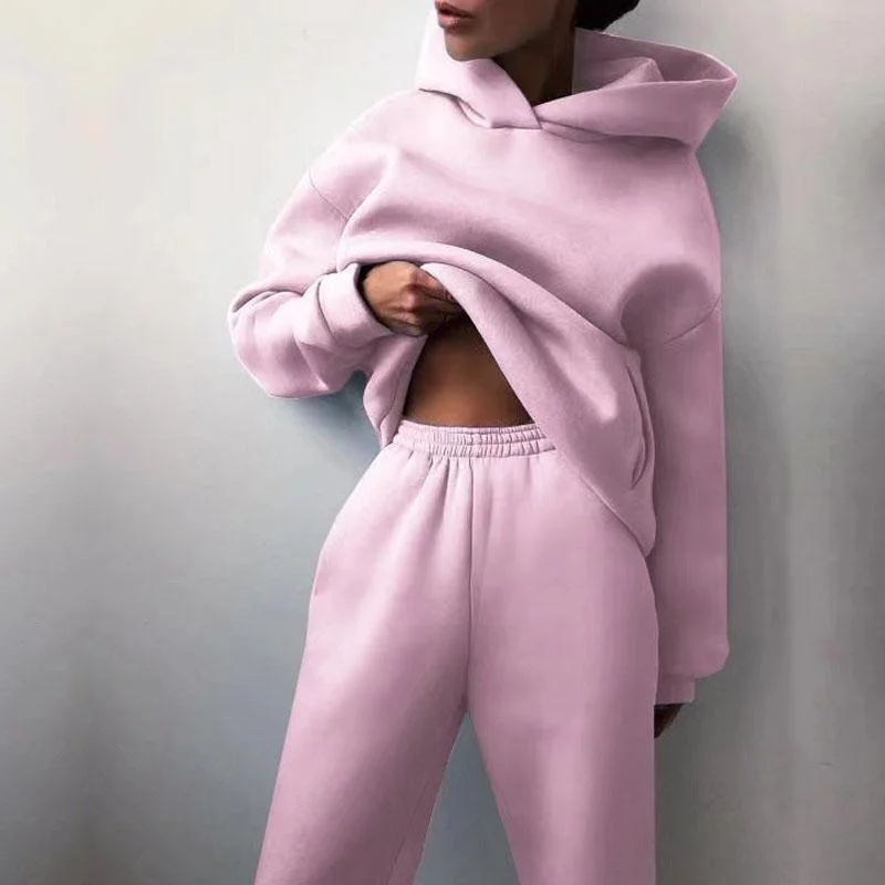 Women's sportswear set solid color long sleeved hoodie and pants casual sportswear winter women's sportswear 2-piece set