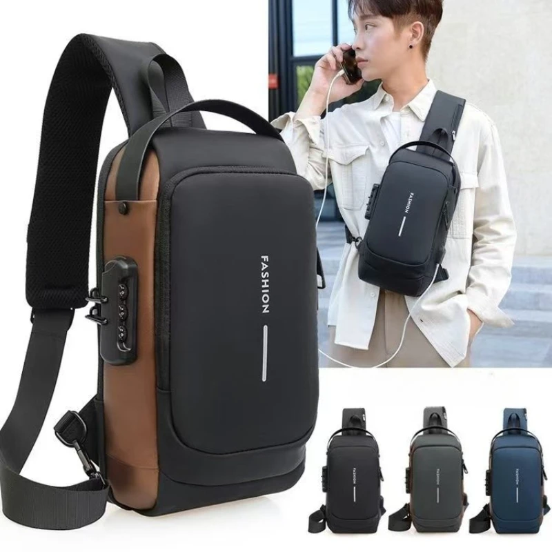 2026 Multifunction Anti-theft Classic Black Men's Chest Bag with USB Port, Durable Waterproof Crossbody Sling Backpack for Men