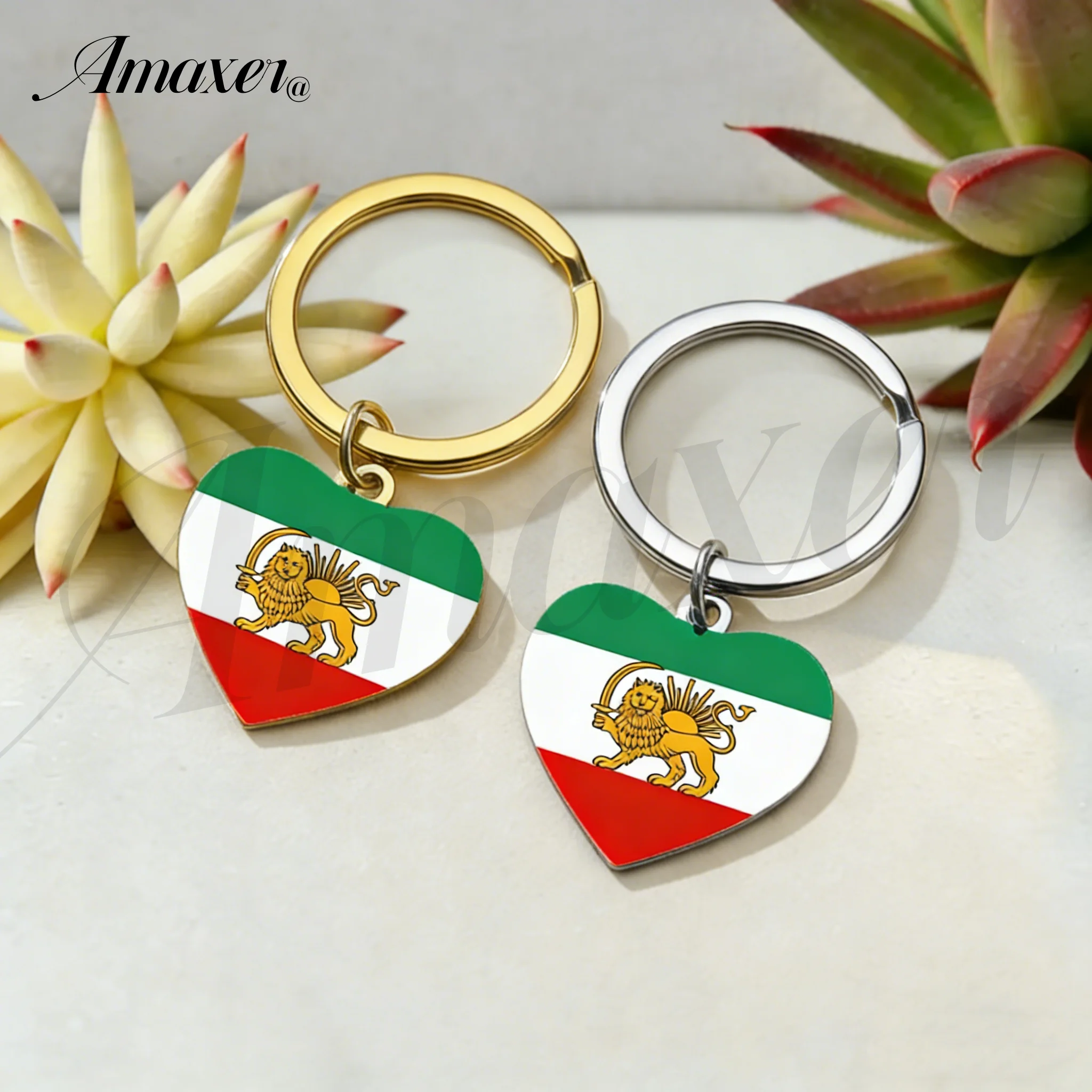 Historical Persian Lion and Sun Flag Iran Flag Necklace for Women Men Stainless Steel Keyring Vintage Amulet Jewelry Gifts