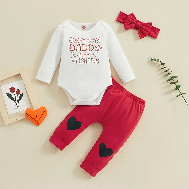 3pcs Set Baby Girls Valentine’s Day Outfits Long Sleeve Romper Tops Heart Pants Headband Set Infant Baby Cute Clothes Set