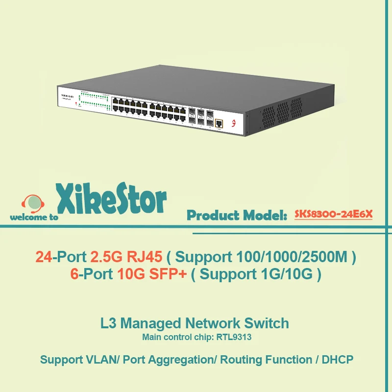 

Управляемый сетевой коммутатор XikeStor L3, 24 порта 2.5G RJ45, 6 портов 10G SFP+ (поддержка 1G/10G), с поддержкой VLAN/агрегации портов/маршрутизации/DHCP