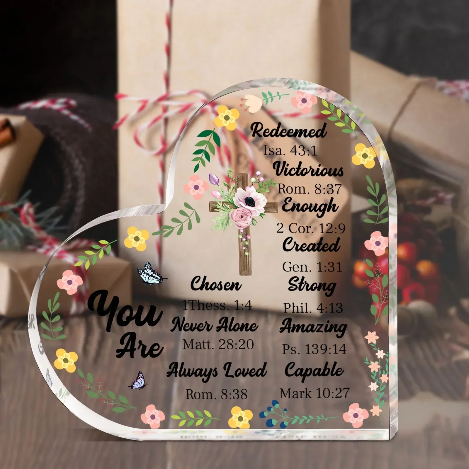 Heart Acrylic Desk Plaque You Are Redeemed Chosen Loved, Christian Cross Floral Bible Verse Decor