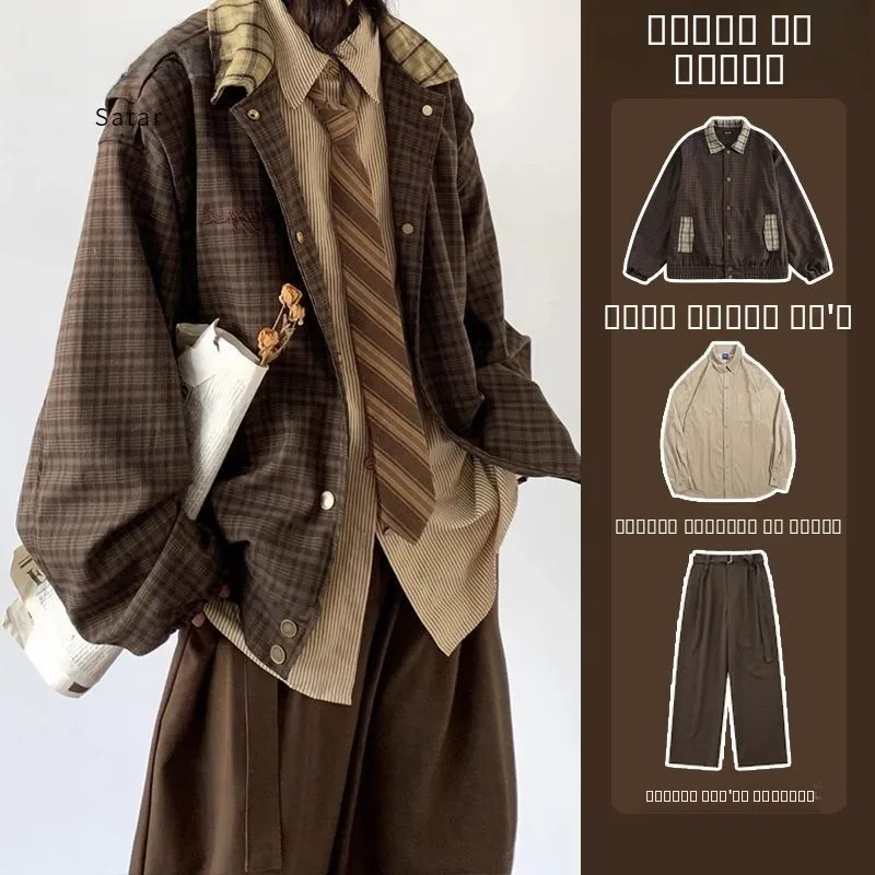 

Ретро-куртка в клетку свободного кроя с вышивкой, в университетском стиле, весна-осень, в японском стиле, оверсайз, с воротником-рубашкой