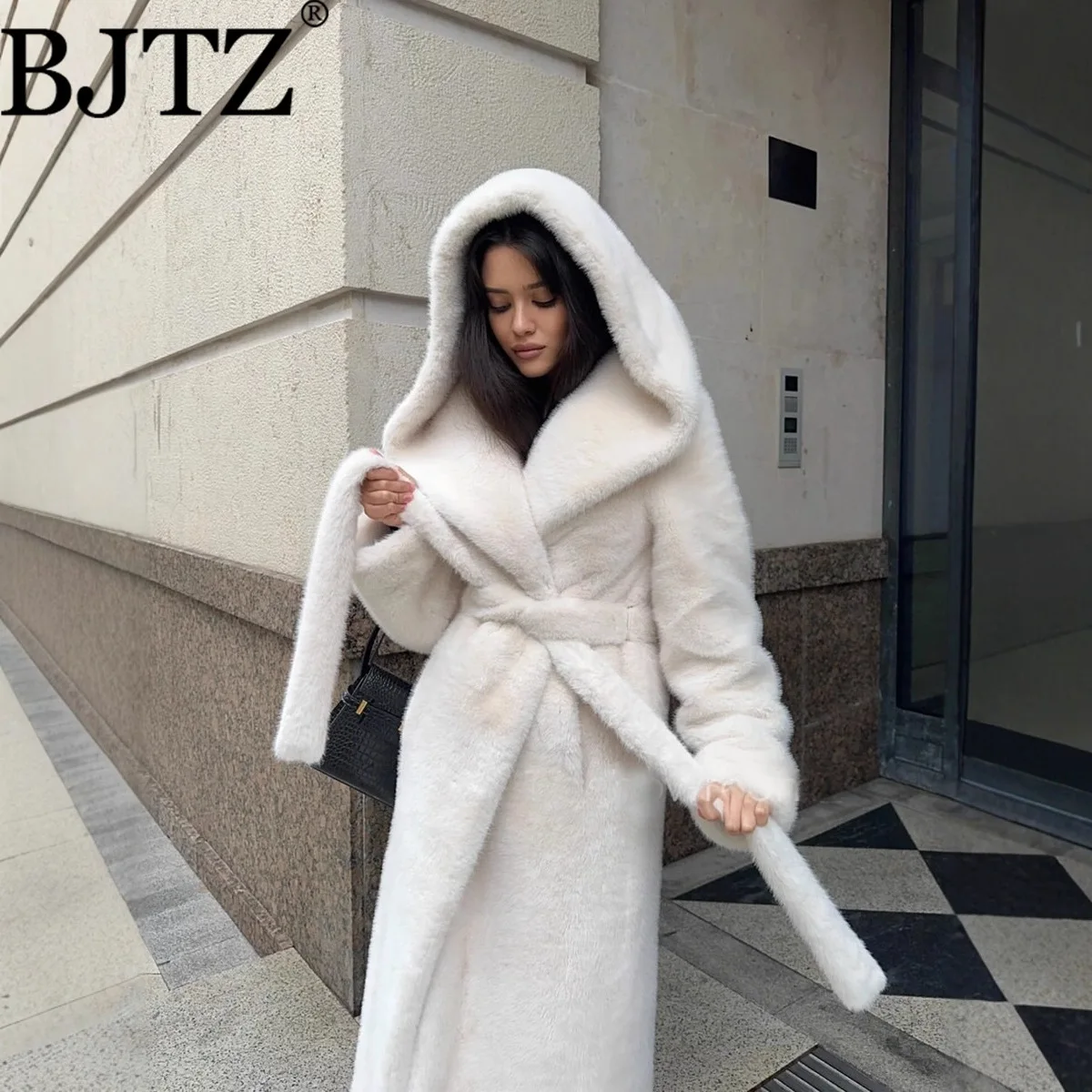 BJTZ vrouwen Lange Capuchon Belted Faux Nertsen Bontjas Pluche Pluizige Winterjas Warme Bovenkleding Voor Herfst 2025