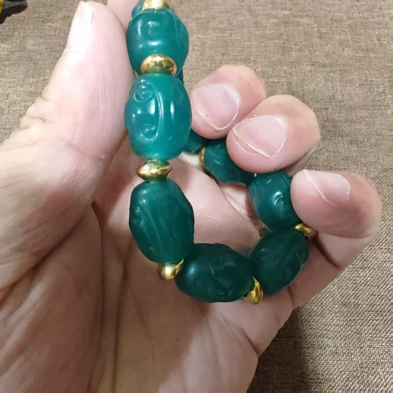 Teal Green Ruyi Carved Oval Lampwork Glass Bead Bracelet Gold Spacers Unisex Retro Bohemian Elastic Hand‑crafted Wrist Jewelry