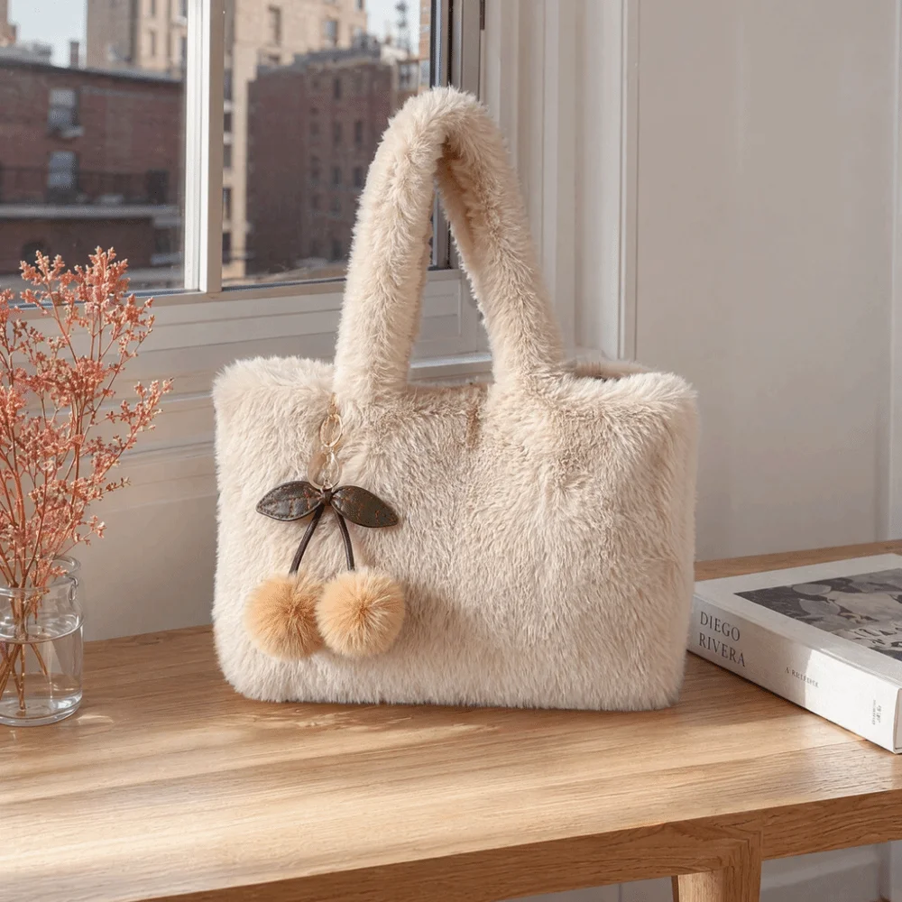 Cute Tote Bag Soft Cherry Ornament Furry Handbag Large Capacity Cherry Shoulder Bag Travel