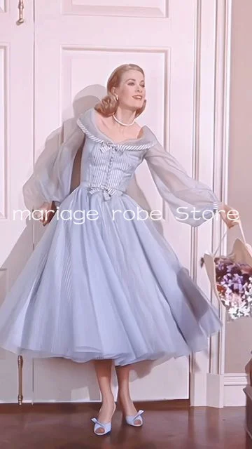 Vintage Fashion Tea-length Prom Dresses Gracekelly Sky Blue Long Sleeve Tutu Skirt Corset Evening Occasion Gown Customsize